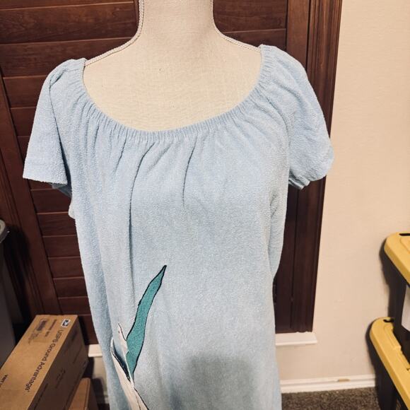 Vintage 70s Terry Cloth Robe Caftan House Dress Swan Pocket Lounge XL Blue USA - Picture 3 of 6